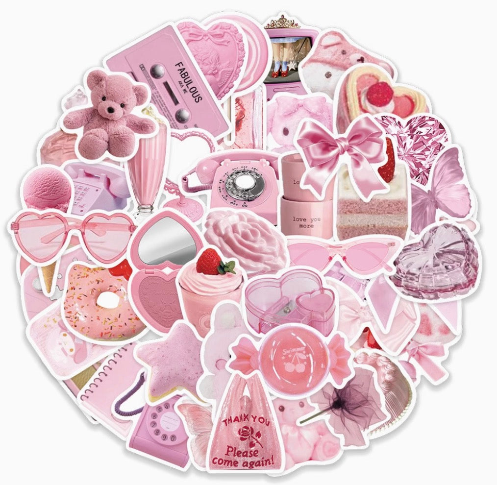 50PCS Pink Stickers | Waterproof DIY Decorative Stickers for Luggage, Laptop, Journal, Phone Case & iPad