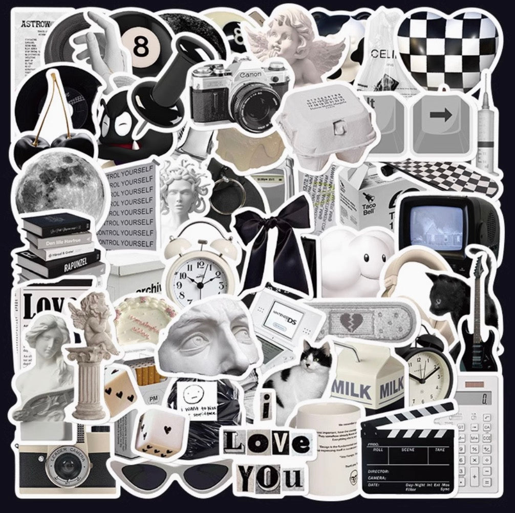 61PCS Black & White Minimalist Stickers | Waterproof DIY Decorative Stickers for Laptop, Journal, Water Bottle, iPad & Phone Case