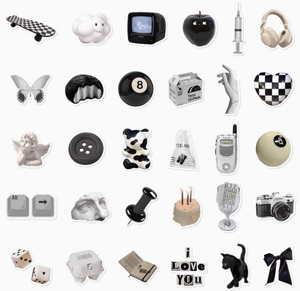 61PCS Black & White Minimalist Stickers | Waterproof DIY Decorative Stickers for Laptop, Journal, Water Bottle, iPad & Phone Case