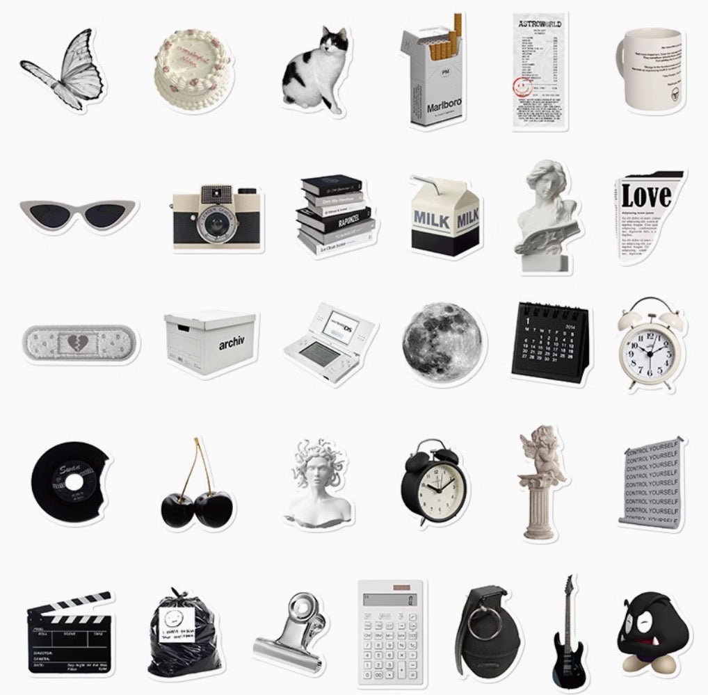 61PCS Black & White Minimalist Stickers | Waterproof DIY Decorative Stickers for Laptop, Journal, Water Bottle, iPad & Phone Case