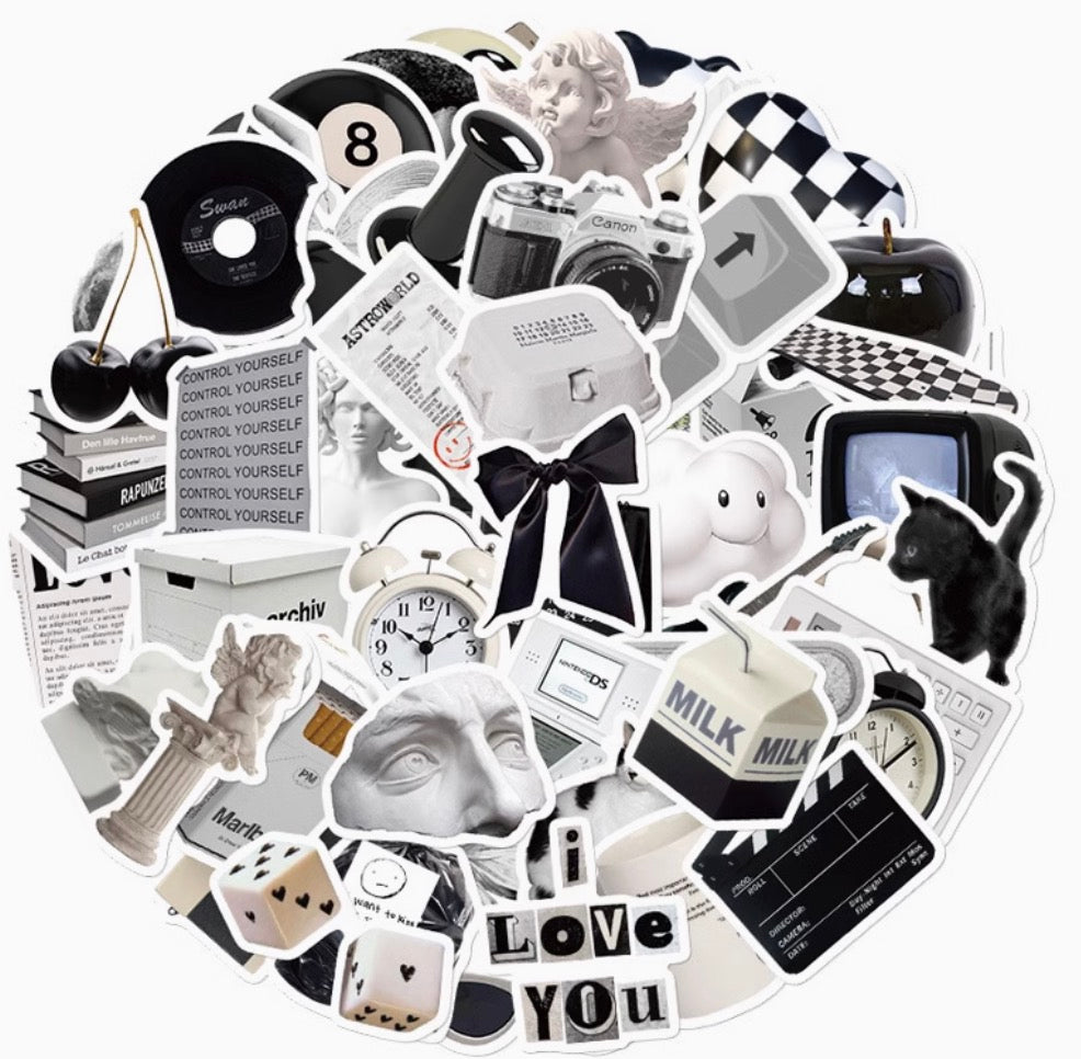 61PCS Black & White Minimalist Stickers | Waterproof DIY Decorative Stickers for Laptop, Journal, Water Bottle, iPad & Phone Case
